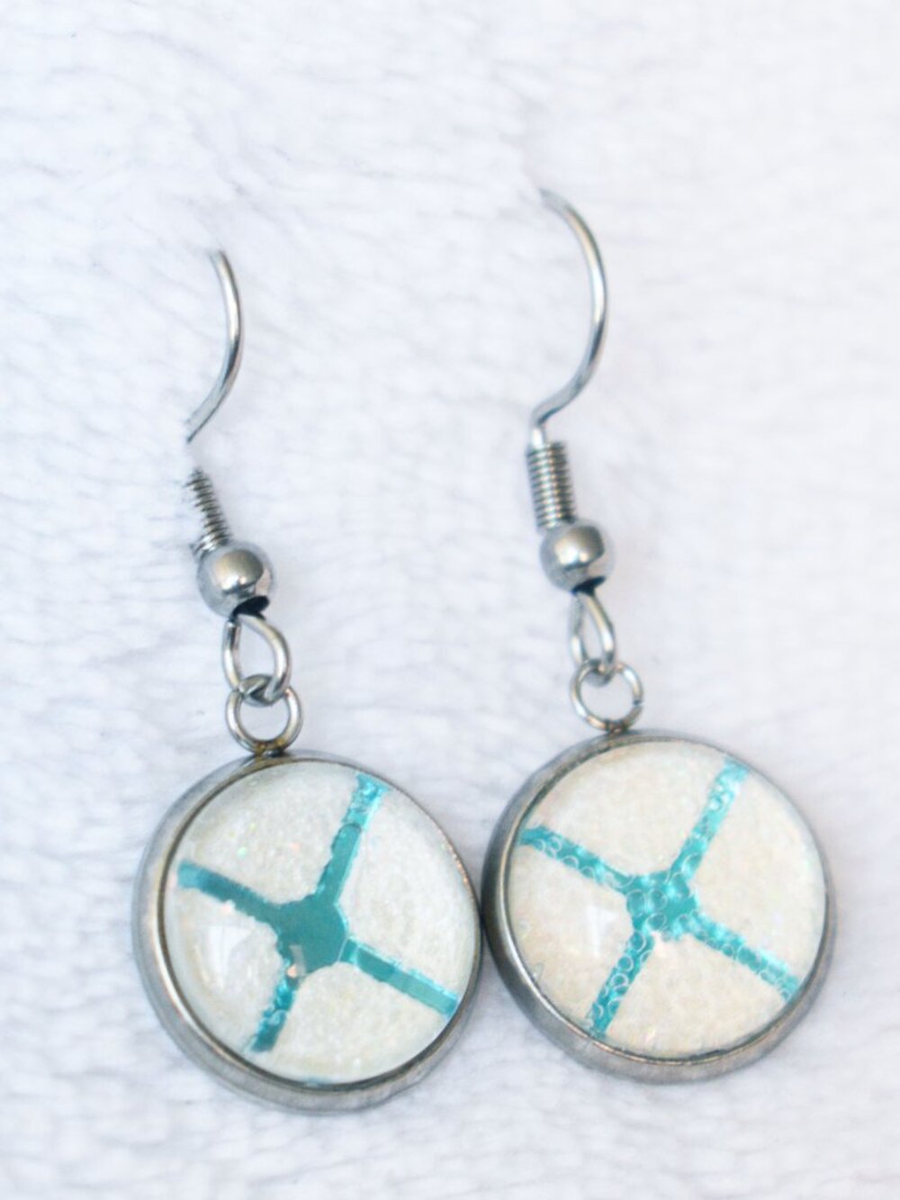 Silver Tone Cabochon Dangle Earrings Teal Cross Design Handmade Jewelry